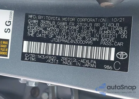 2022 Toyota Corolla Le из США, поврежденный, VIN JTDEPMAE4N3000995